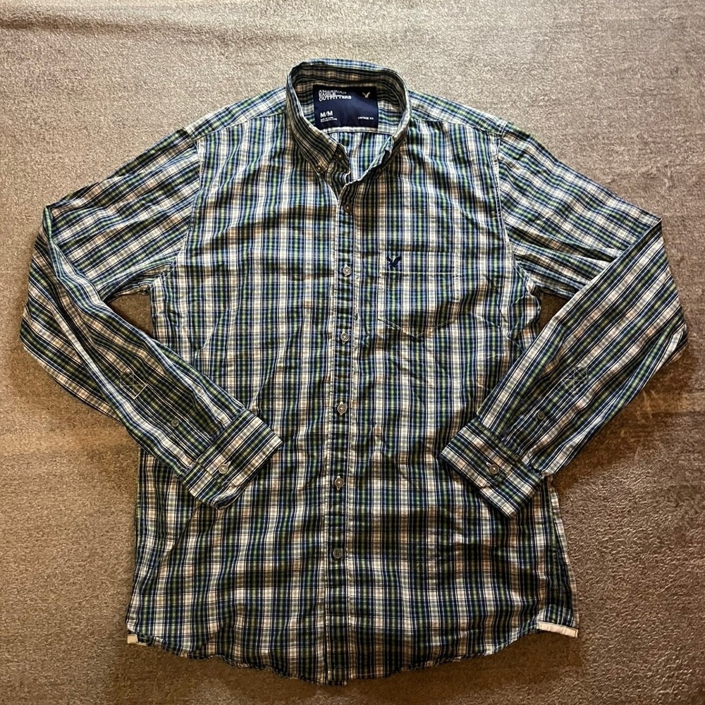 American Eagle Outfitters Men Medium Green Blue Plaid Button Down Preppy Classy